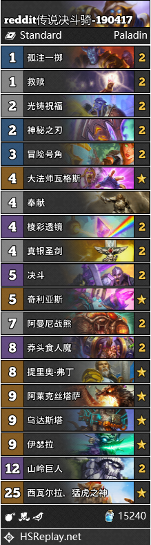 《炉石传说》暗影崛起大神reddit传说决斗骑卡组推荐1